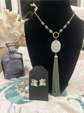 Brand New! Gold-Tone Turquoise Tassel Pendant Necklace & Earring Set